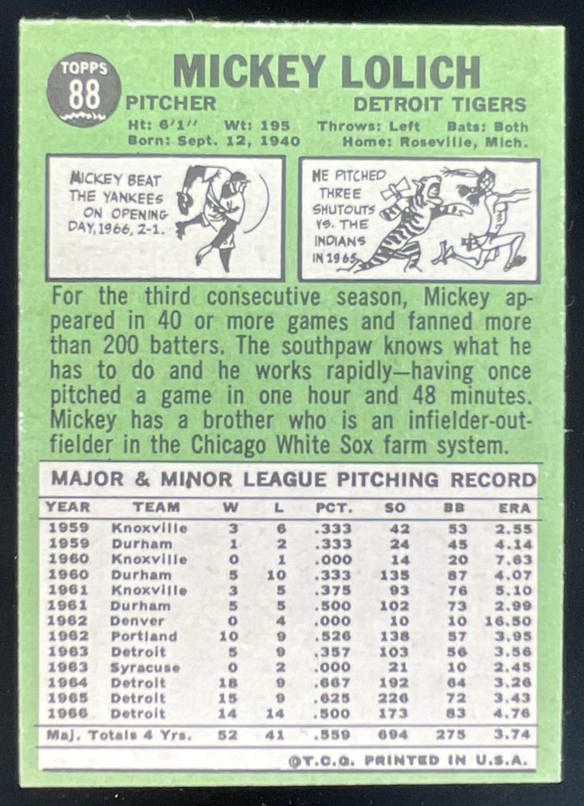 1967 Topps #88 Mickey Lolich product image 2, provided for visual reference and product detail review