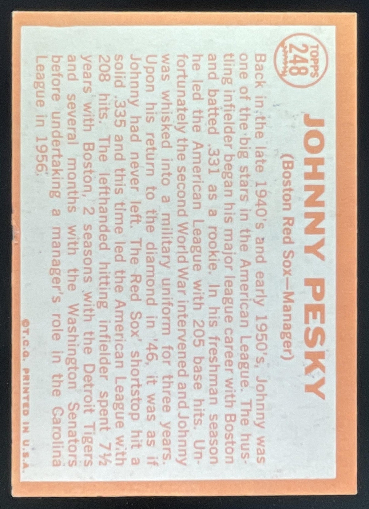 1964 Topps #248 Johnny Pesky product image 2, provided for visual reference and product detail review