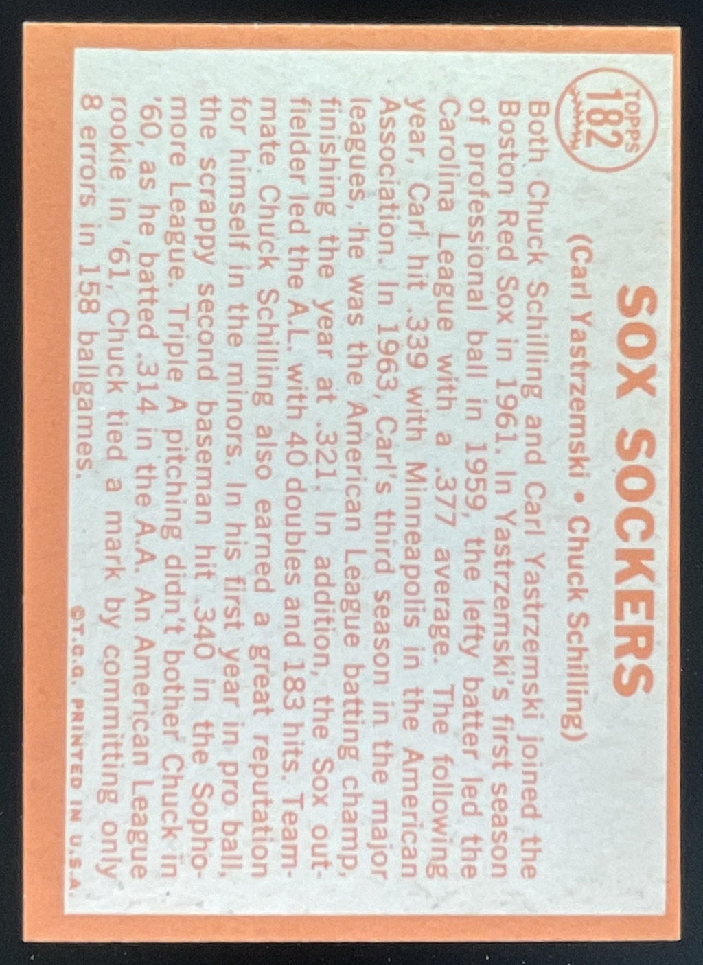 1964 Topps #182 Sox Sockers Carl Yastrzemski Chuck Schilling C product image 2, provided for visual reference and product