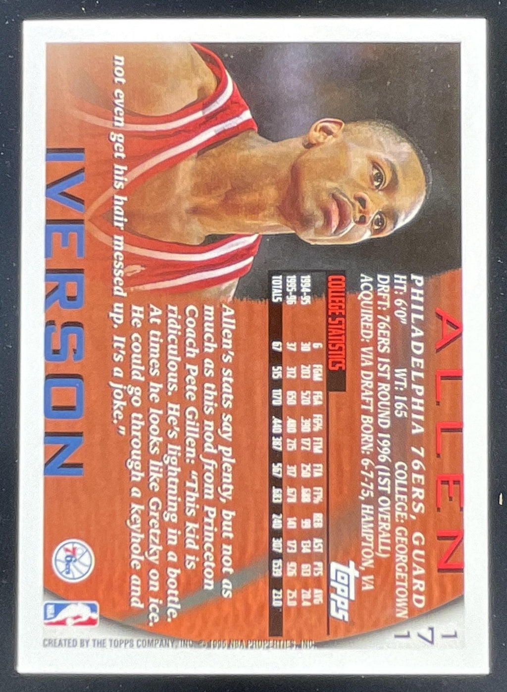 1996-97 Topps #171 Allen Iverson RC product image 2, provided for visual reference and product detail review