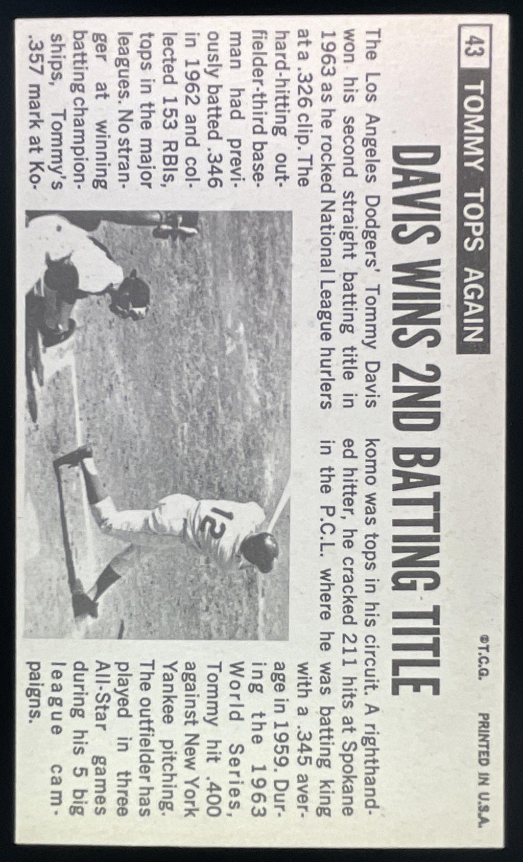 1964 Topps Giants #43 Tommy Davis product image 2, provided for visual reference and product detail review