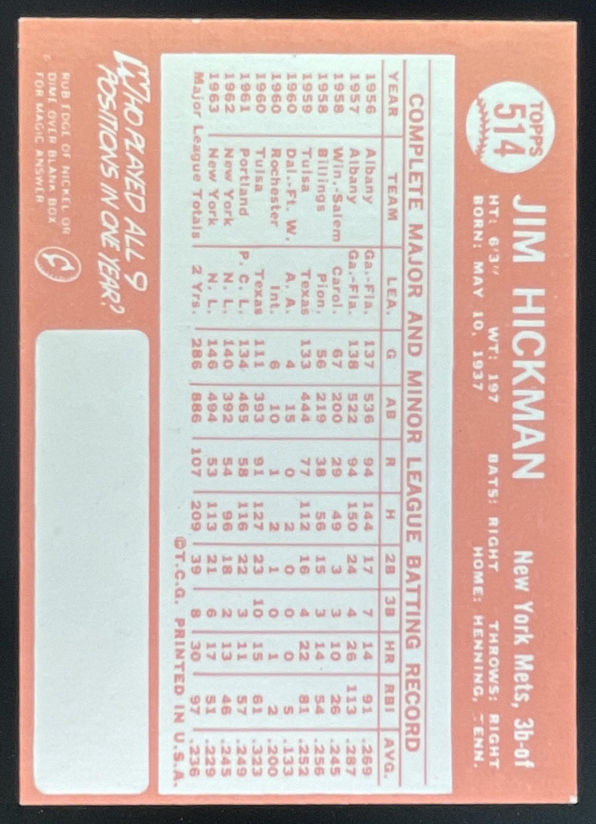 1964 Topps #514 Jim Hickman product image 2, provided for visual reference and product detail review