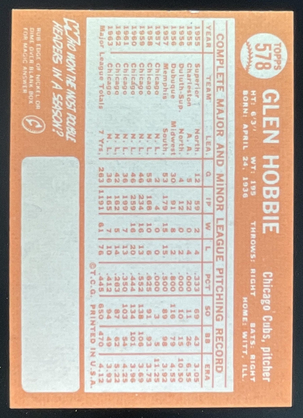 1964 Topps #578 Glen Hobbie product image 2, provided for visual reference and product detail review