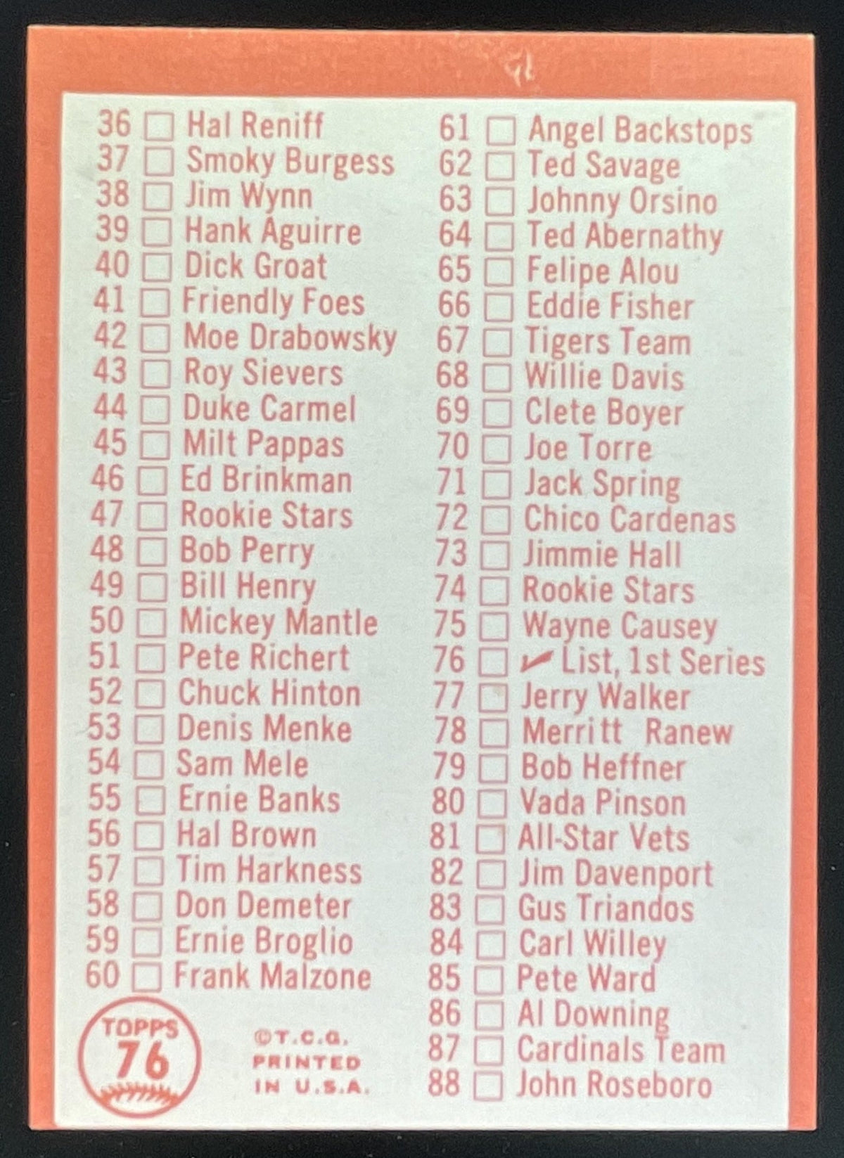1964 Topps #76 RC Series Checklist: 1-88 product image 2, provided for visual reference and product detail review
