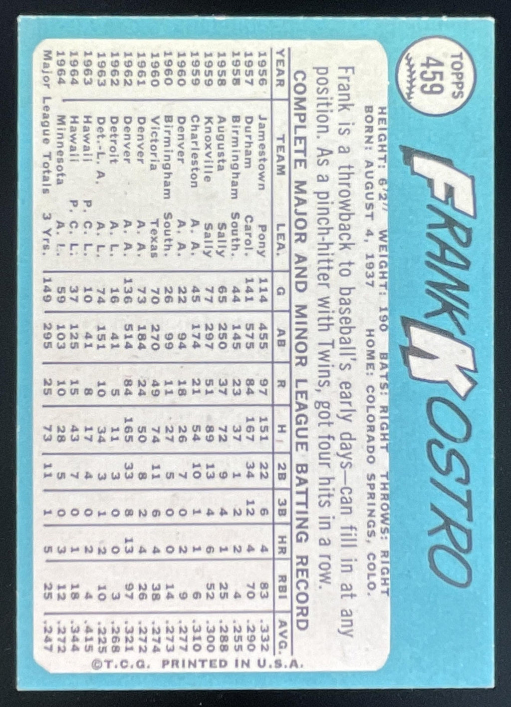 1965 Topps #459 Frank Kostro product image 2, provided for visual reference and product detail review