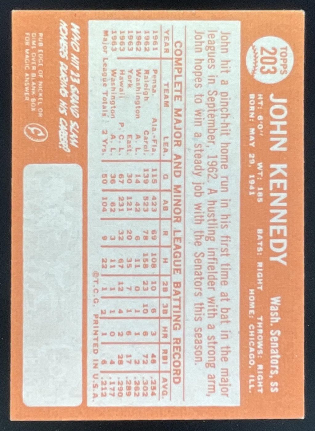 1964 Topps #203 John Kennedy RC product image 2, provided for visual reference and product detail review