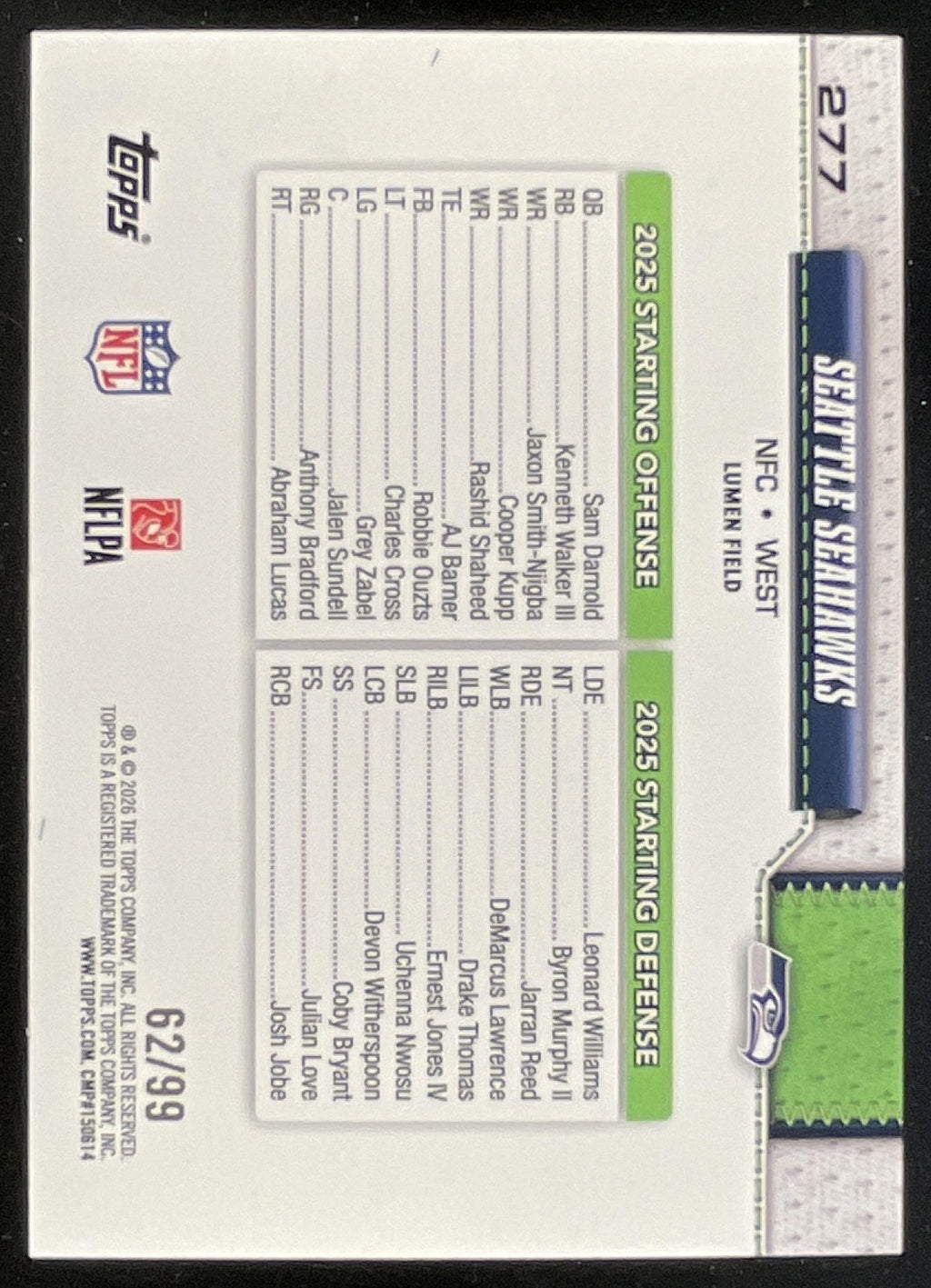 2026 Topps Green Holo Foil #277 Seattle Seahawks Team Card /99 product image 2, provided for visual reference and product