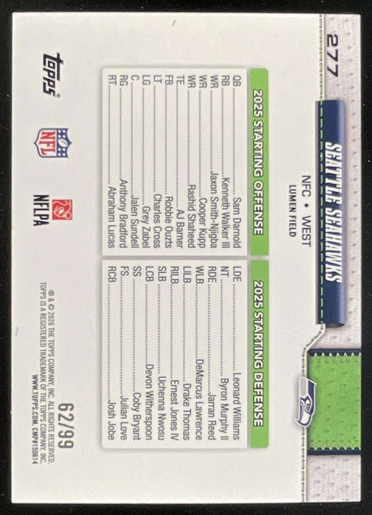 2026 Topps Green Holo Foil #277 Seattle Seahawks Team Card /99 product image 2, provided for visual reference and product