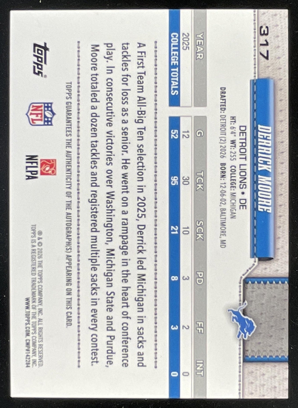 2026 Topps Real One Autograph #317 Derrick Moore RC SSP Auto product image 2, provided for visual reference and product