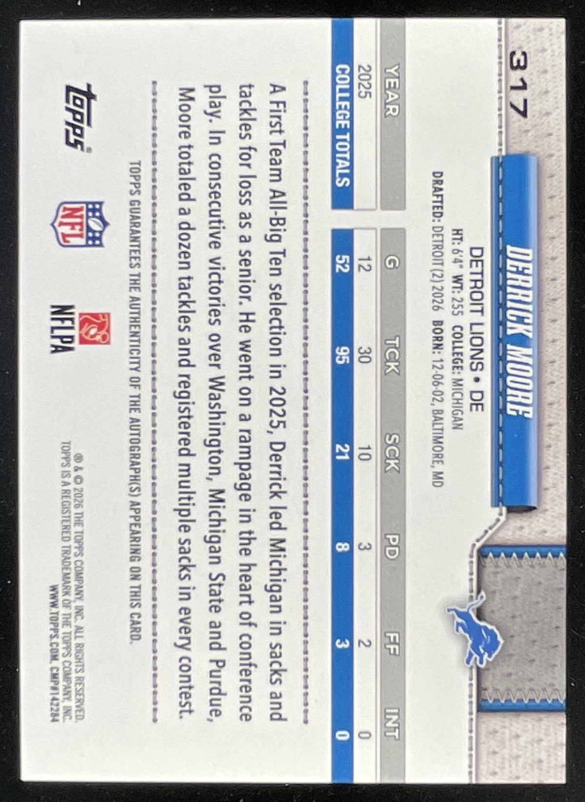 2026 Topps Real One Autograph #317 Derrick Moore RC SSP Auto product image 2, provided for visual reference and product