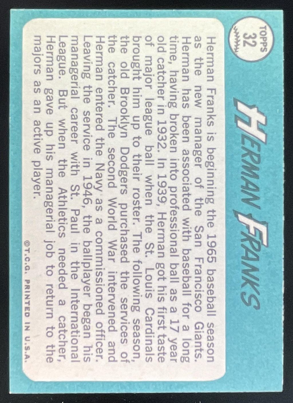 1965 Topps #32 Herman Franks product image 2, provided for visual reference and product detail review