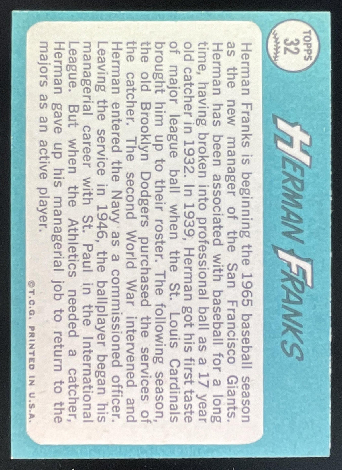 1965 Topps #32 Herman Franks product image 2, provided for visual reference and product detail review