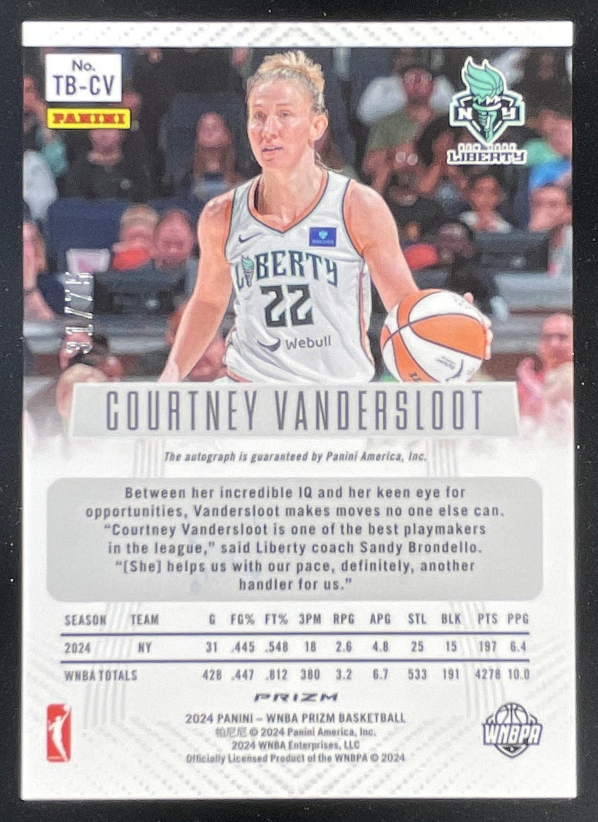 2024 WNBA Prizm Throwback Blue Prizm #TB-CV Courtney Vandersloot Auto /75 product image 2, provided for visual reference and