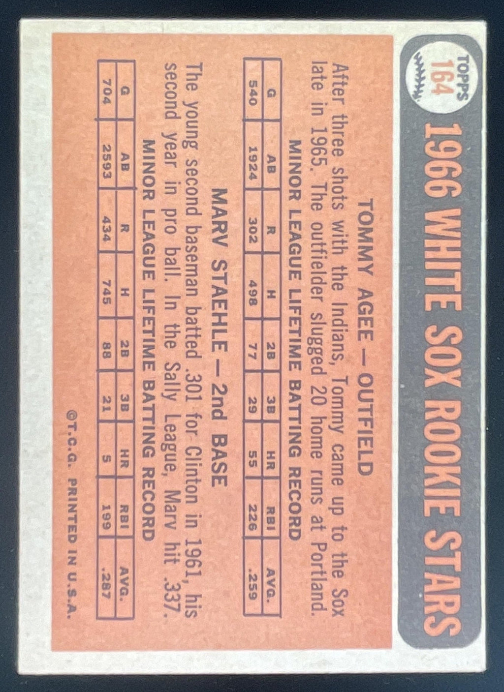 1966 Topps #164 White Sox 1966 Rookie Stars Tommie Agee Marv Staehle RC product image 2, provided for visual reference and