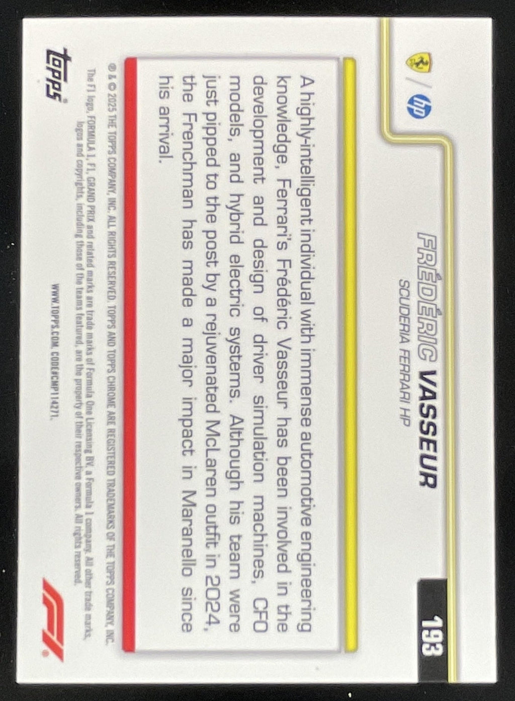 2025 Topps Chrome Sapphire F1 Yellow #193 Frederic Vasseur F1 Team Principle /75 product image 2, provided for visual