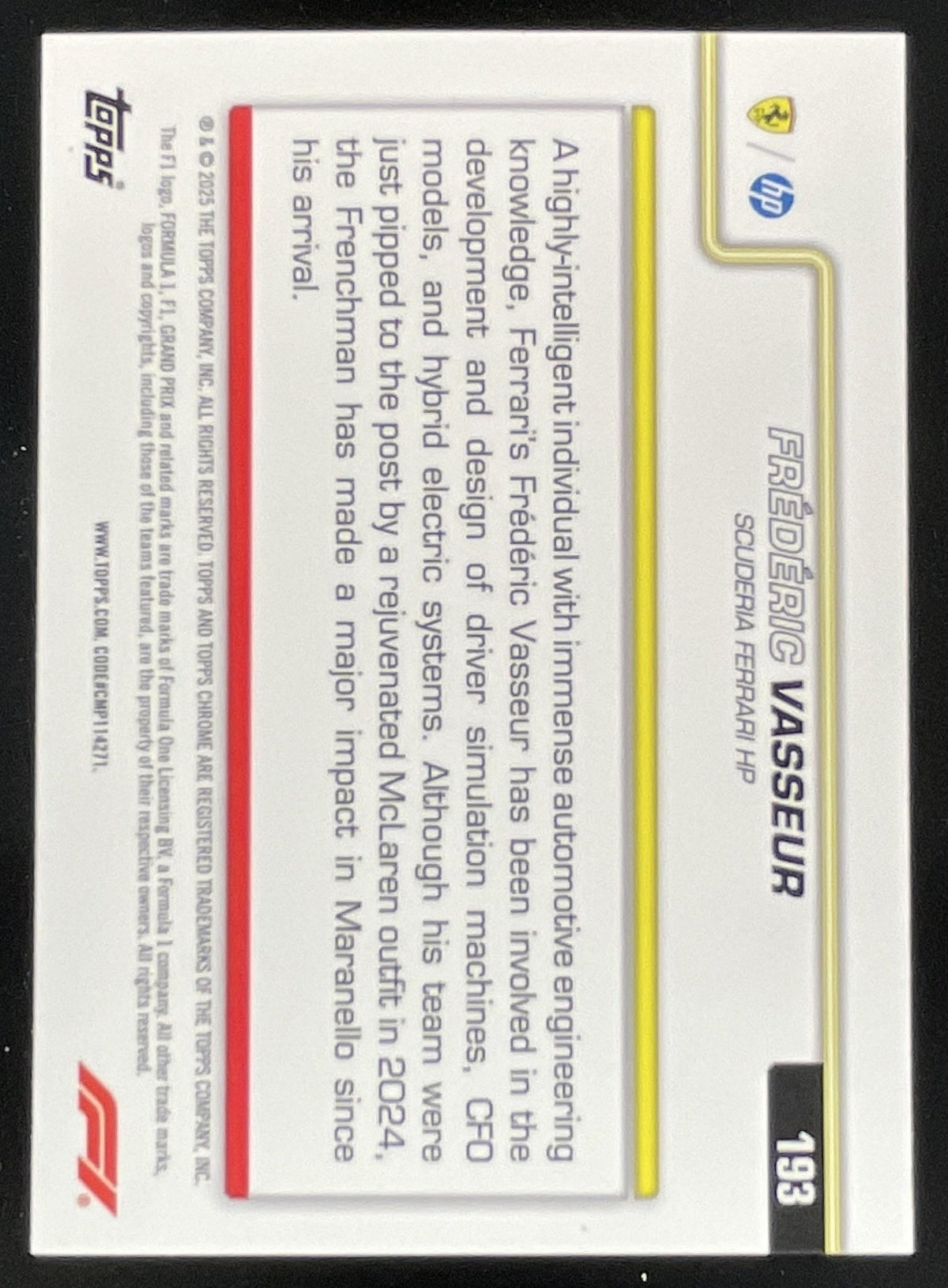 2025 Topps Chrome Sapphire F1 Yellow #193 Frederic Vasseur F1 Team Principle /75 product image 2, provided for visual