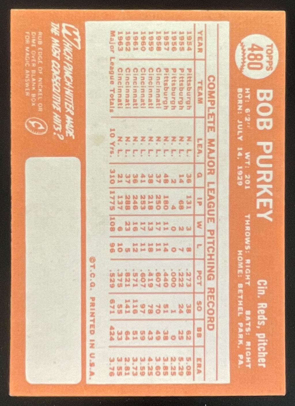 1964 Topps #480 Bob Purkey product image 2, provided for visual reference and product detail review