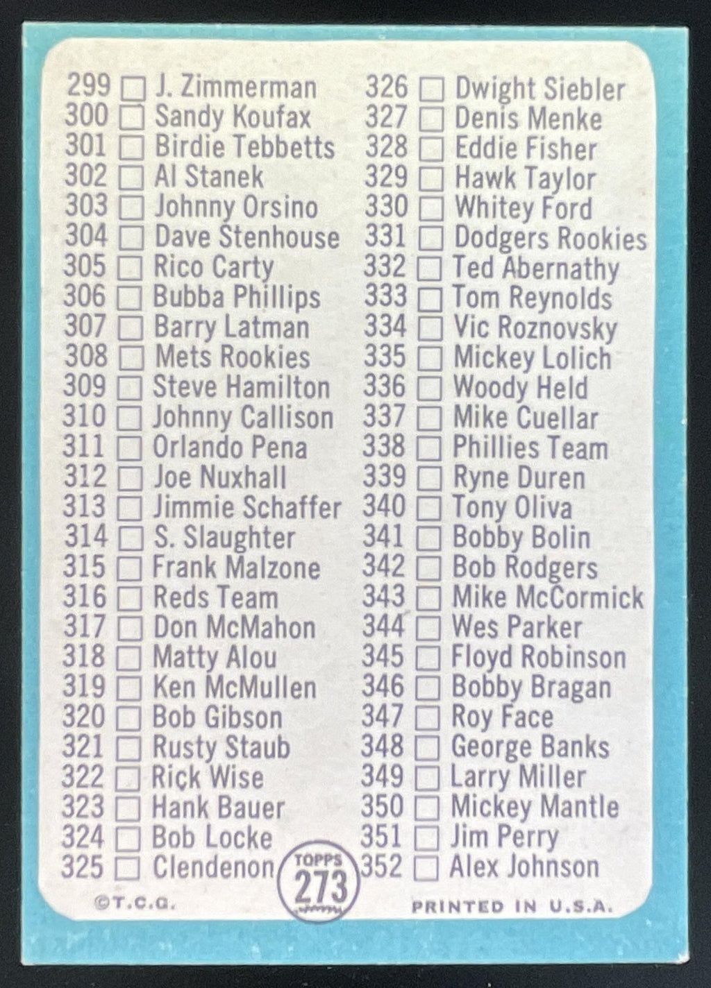 1965 Topps #273 4th Series Checklist: 265-352 product image 2, provided for visual reference and product detail review