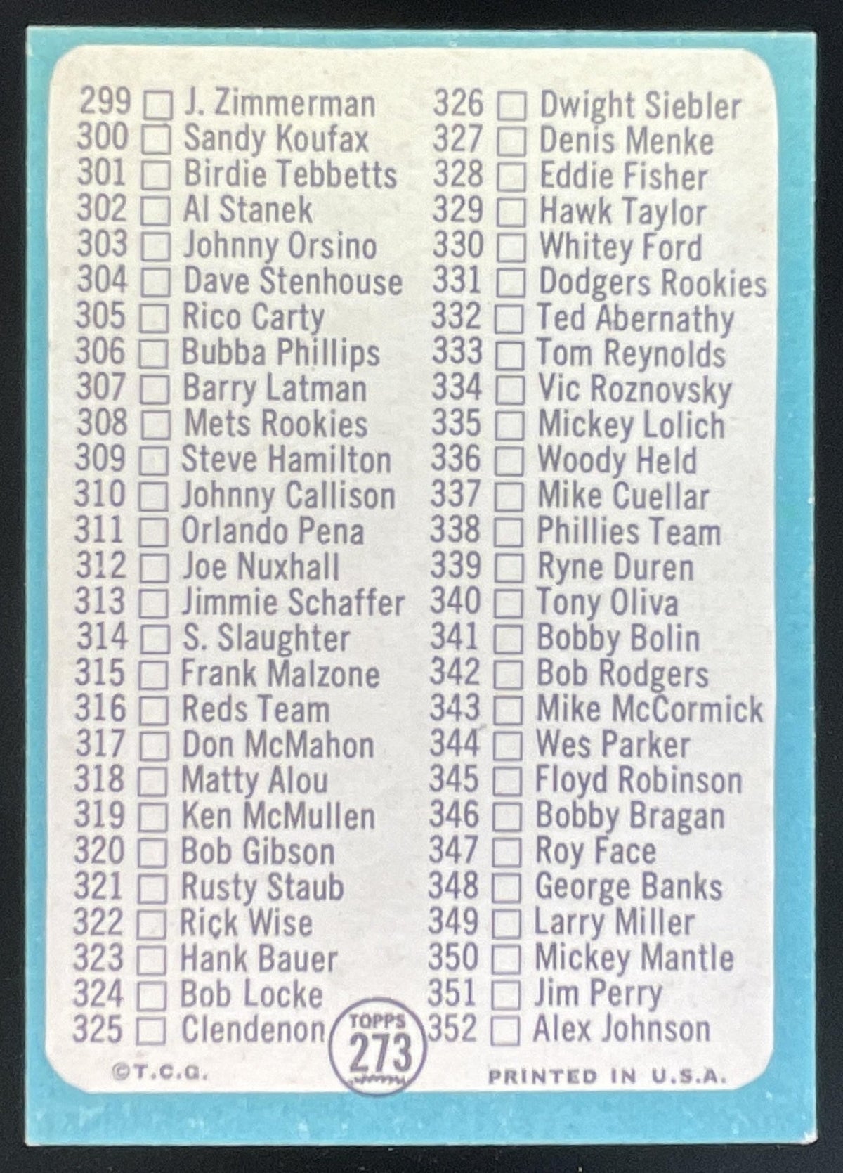 1965 Topps #273 4th Series Checklist: 265-352 product image 2, provided for visual reference and product detail review