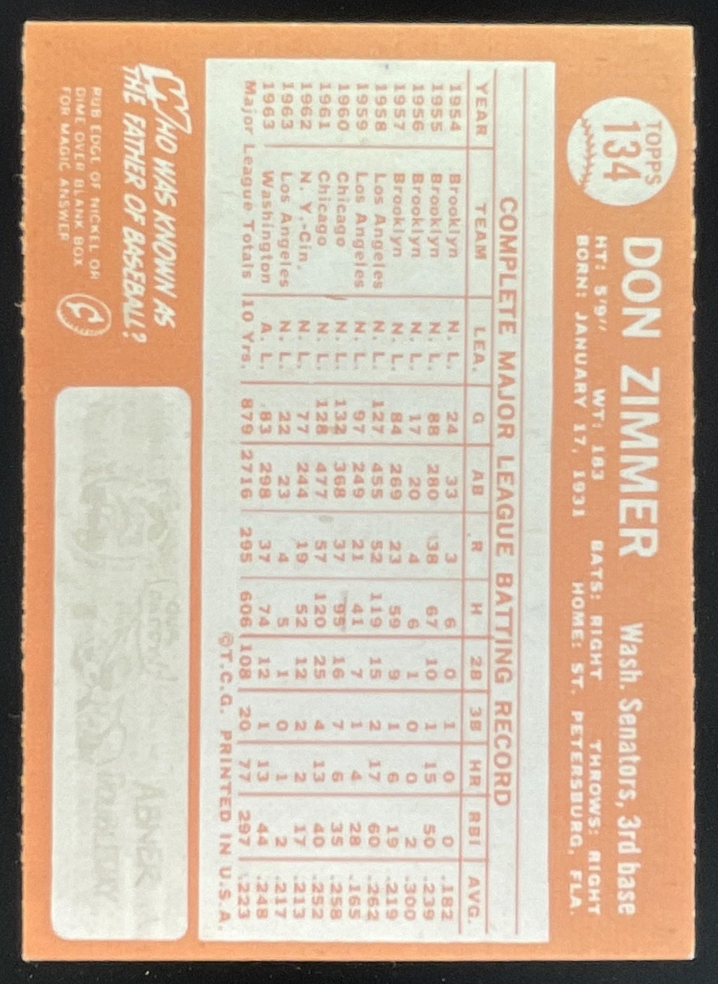 1964 Topps #134 Don Zimmer product image 2, provided for visual reference and product detail review