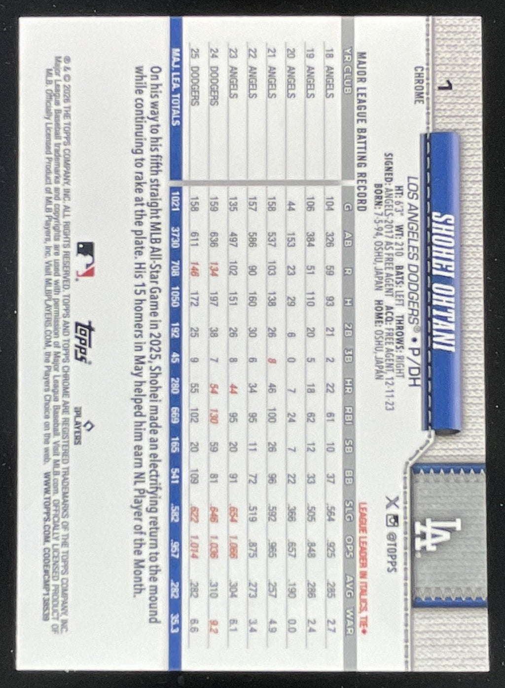 2026 Topps Chrome #1 Shohei Ohtani product image 2, provided for visual reference and product detail review