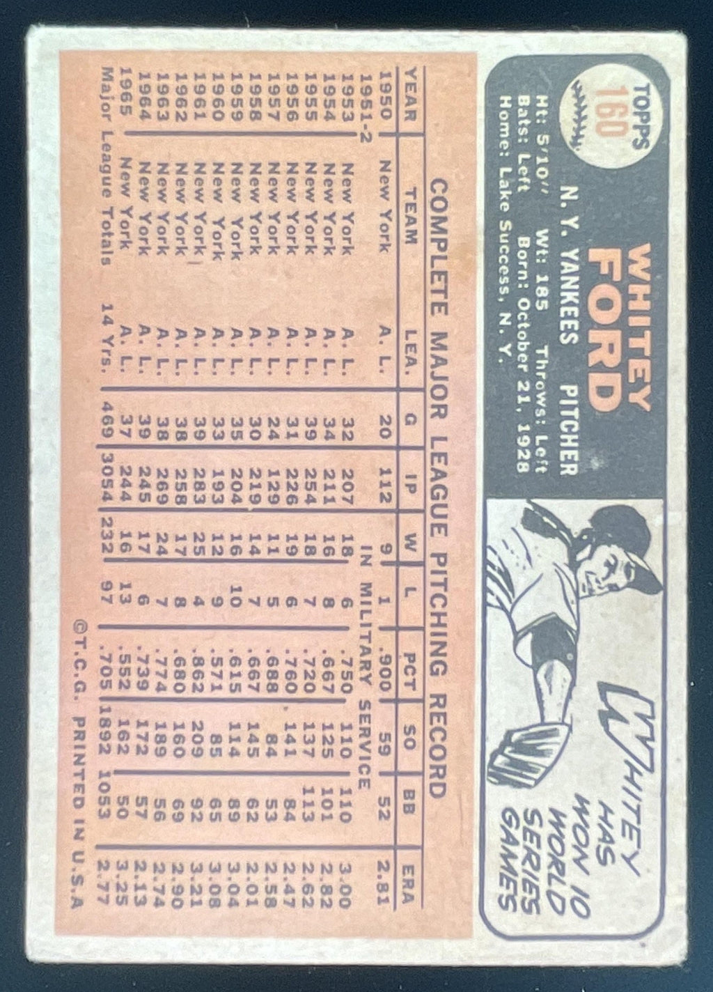 1966 Topps #160 Whitey Ford product image 2, provided for visual reference and product detail review