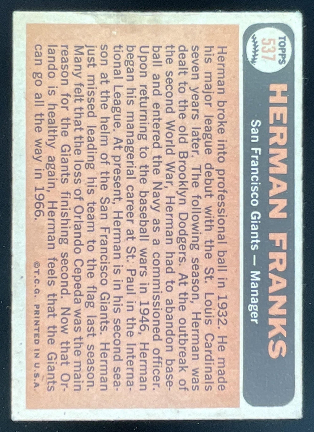 1966 Topps #537 Herman Franks product image 2, provided for visual reference and product detail review