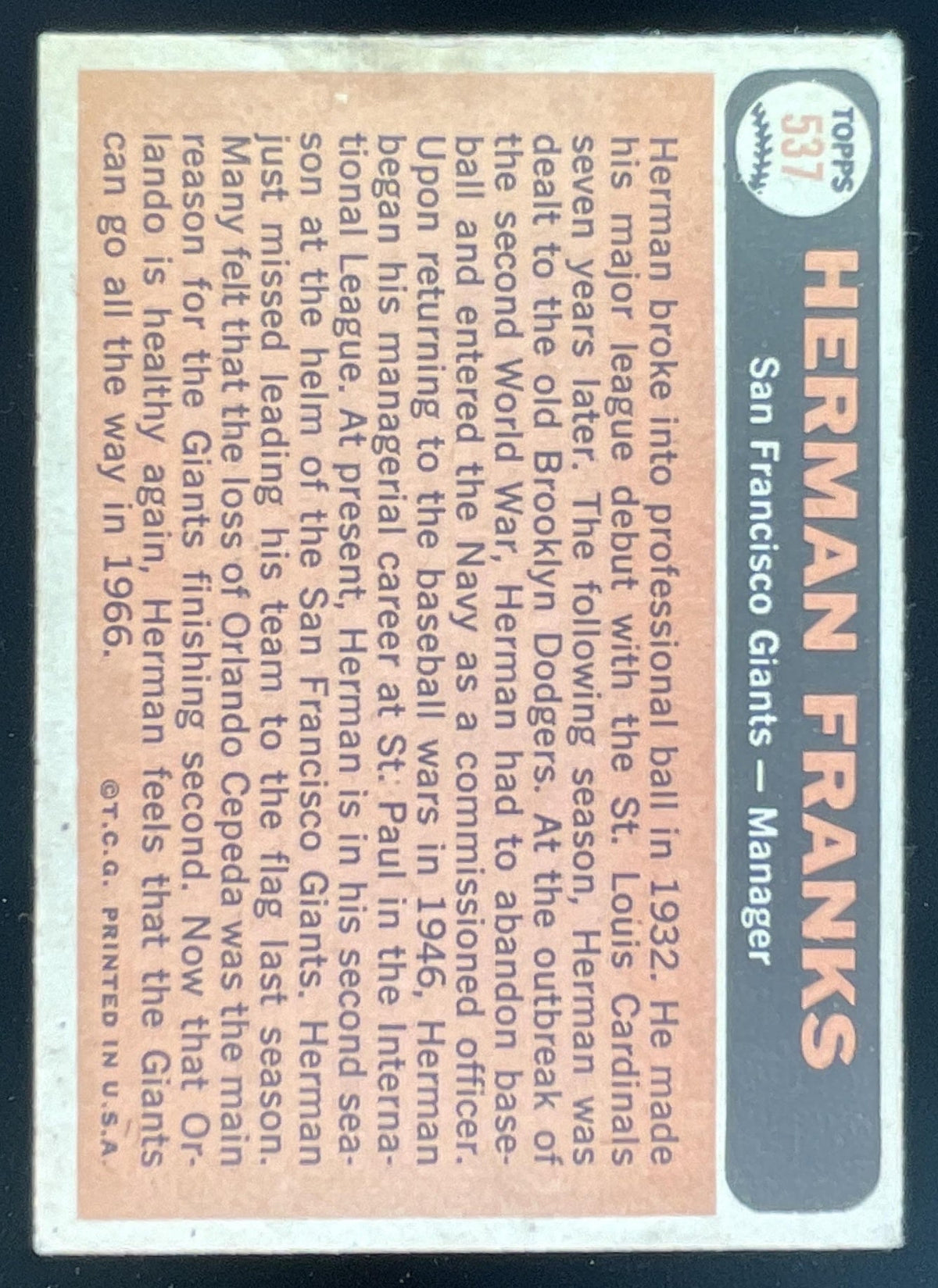 1966 Topps #537 Herman Franks product image 2, provided for visual reference and product detail review