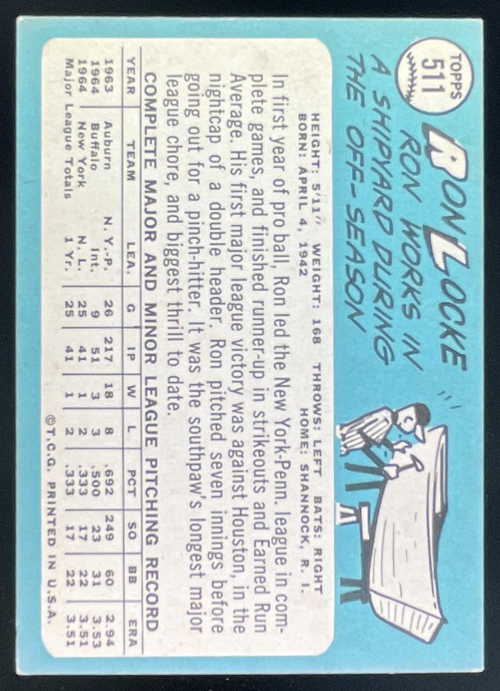 1965 Topps #511 Ron Locke product image 2, provided for visual reference and product detail review