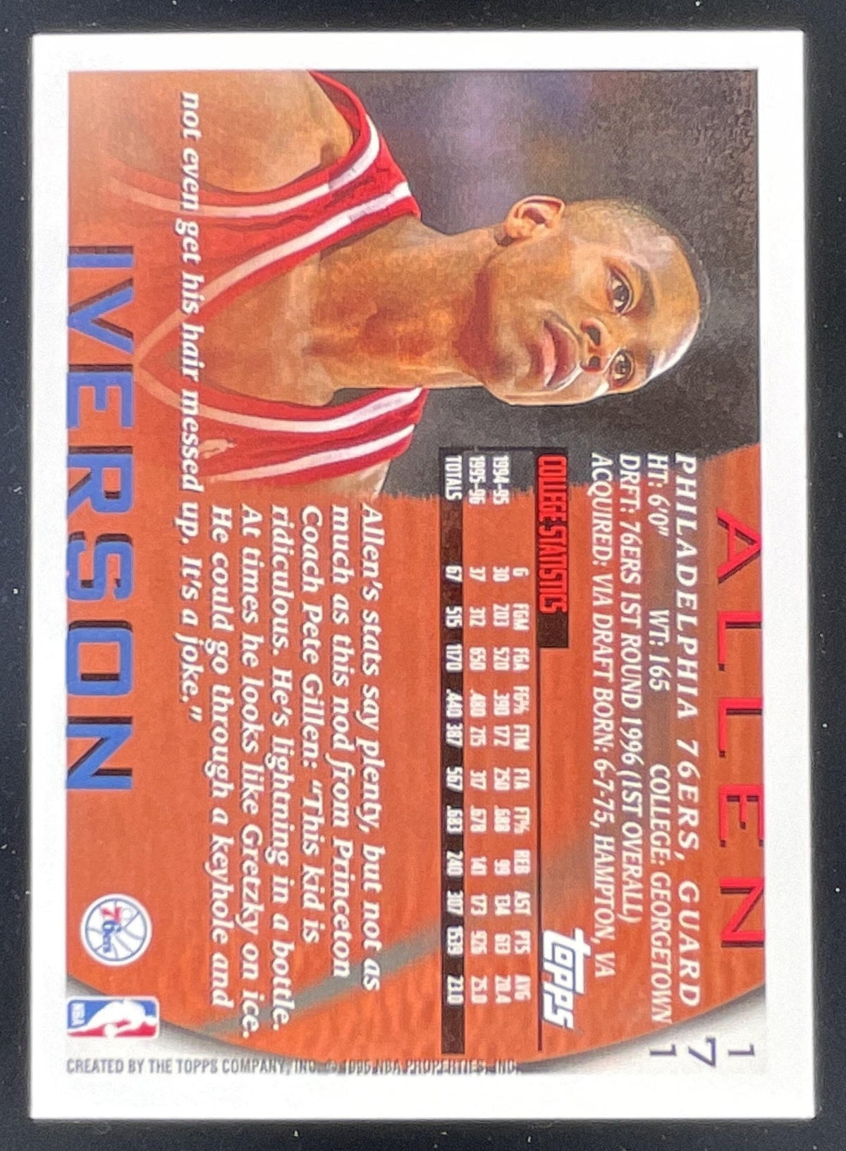 1996-97 Topps #171 Allen Iverson RC product image 2, provided for visual reference and product detail review