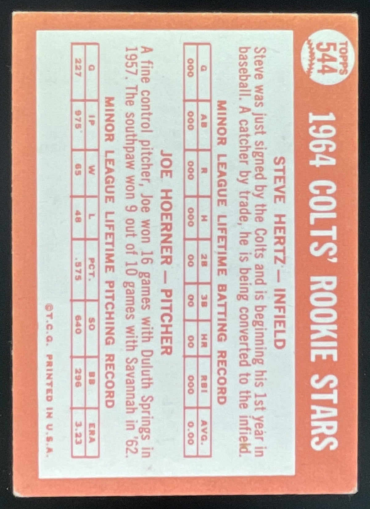 1964 Topps #544 Colts 1964 Rookie Stars Steve Hertz Joe Hoerner RC product image 2, provided for visual reference and