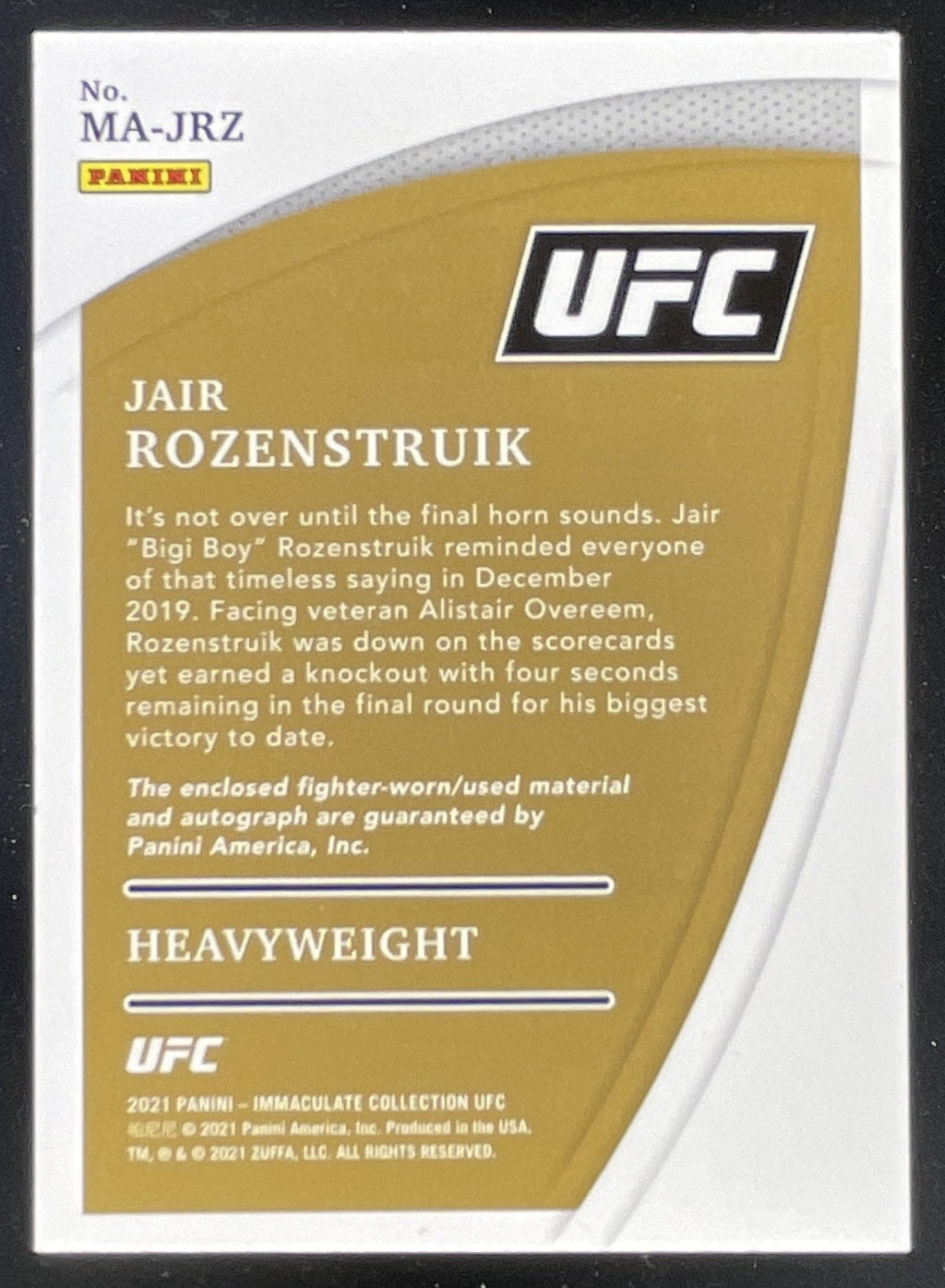 2021 Immaculate Collection UFC Memorabilia Gold #MAJRZ Jair Rozenstruik Auto /10 product image 2, provided for visual