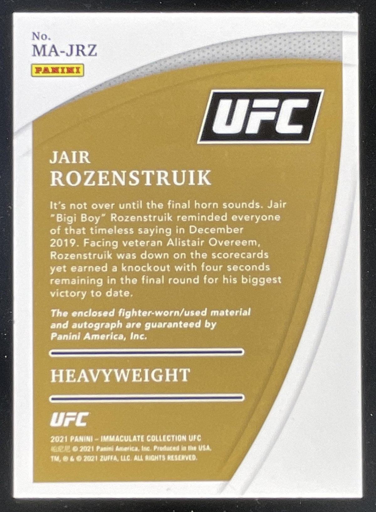 2021 Immaculate Collection UFC Memorabilia Gold #MAJRZ Jair Rozenstruik Auto /10 product image 2, provided for visual