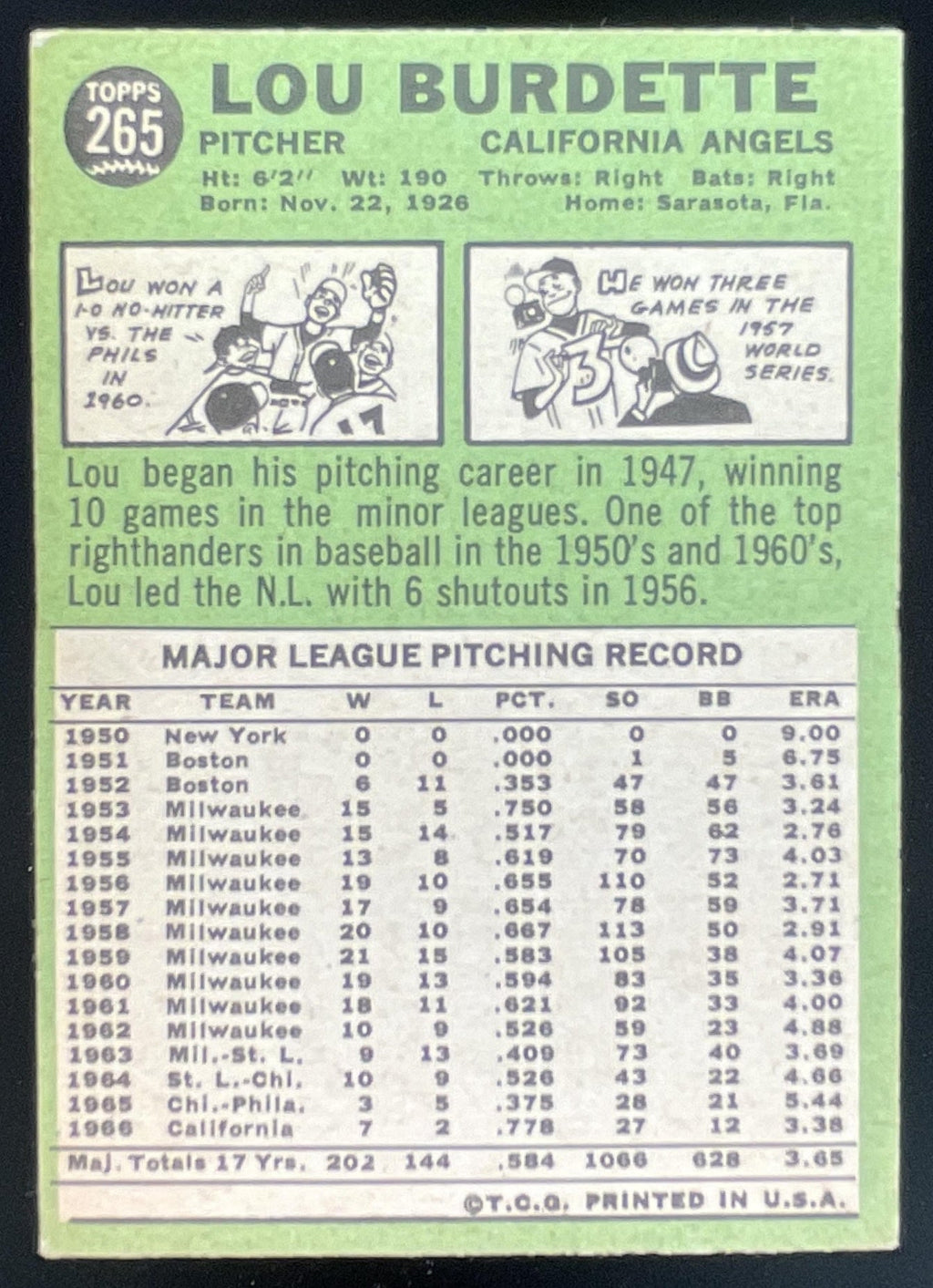 1967 Topps #265 Lew Burdette product image 2, provided for visual reference and product detail review