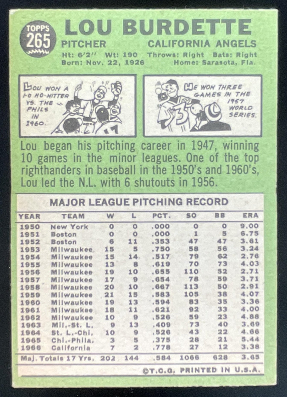1967 Topps #265 Lew Burdette product image 2, provided for visual reference and product detail review