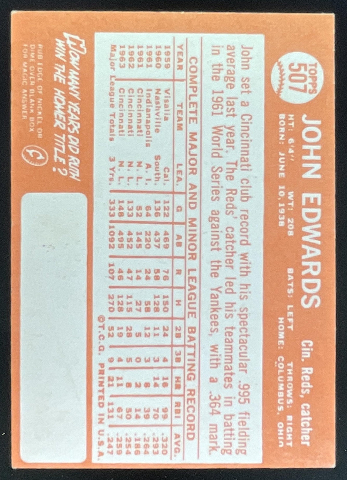 1964 Topps #507 John Edwards product image 2, provided for visual reference and product detail review