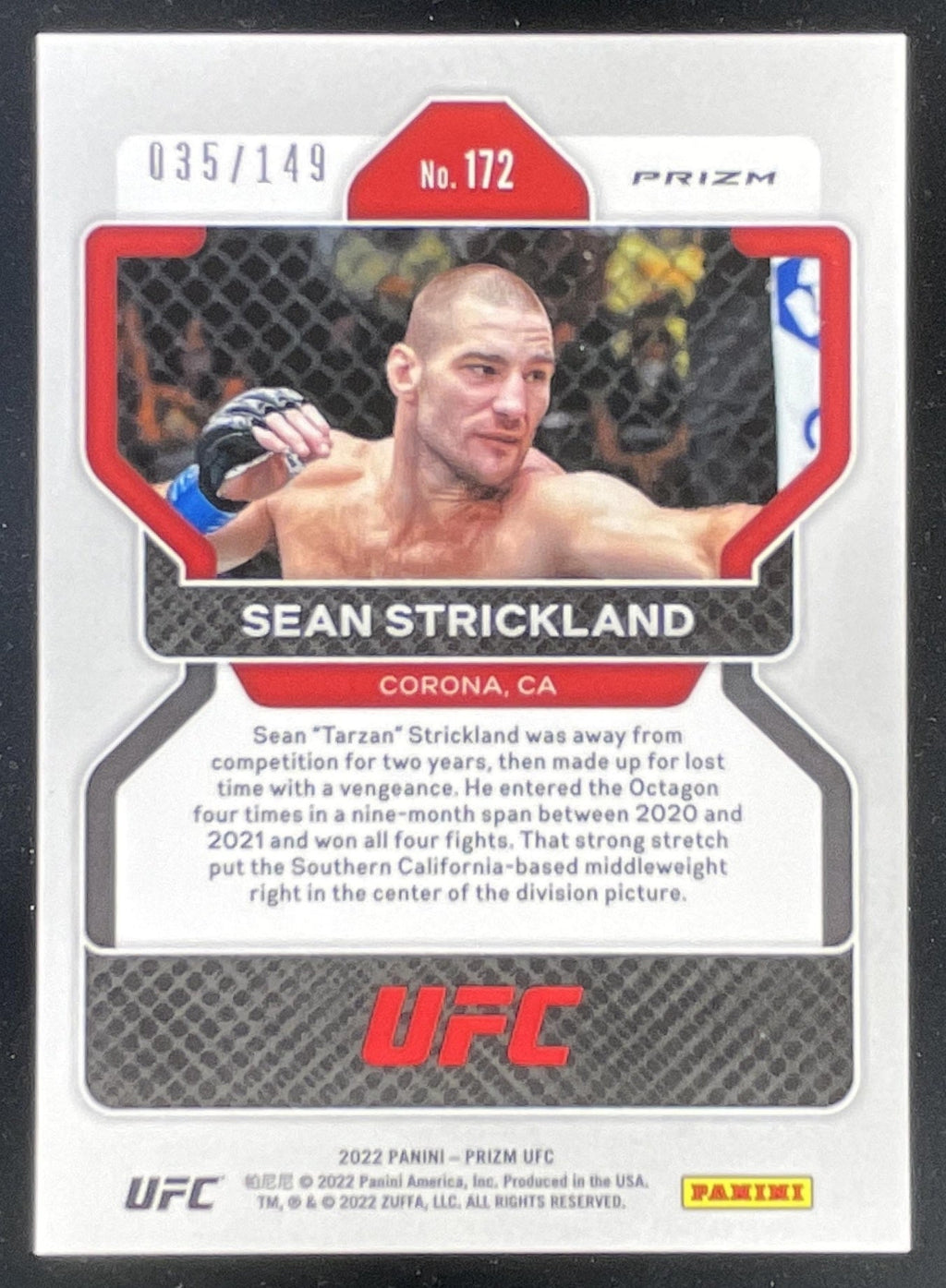 2022 Panini Prizm UFC Purple Prizms #172 Sean Strickland RC /149 product image 2, provided for visual reference and product