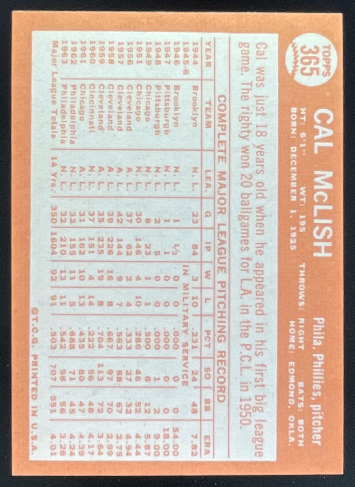 1964 Topps #365 Cal McLish product image 2, provided for visual reference and product detail review