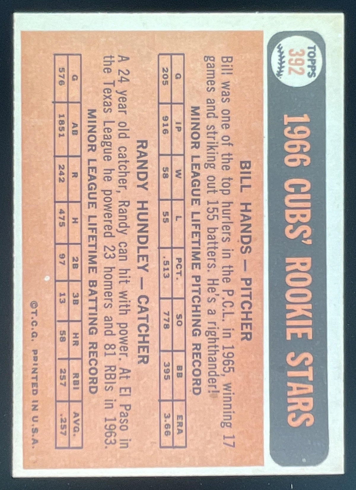1966 Topps #392 Cubs 1966 Rookie Stars Bill Hands Randy Hundley RC product image 2, provided for visual reference and
