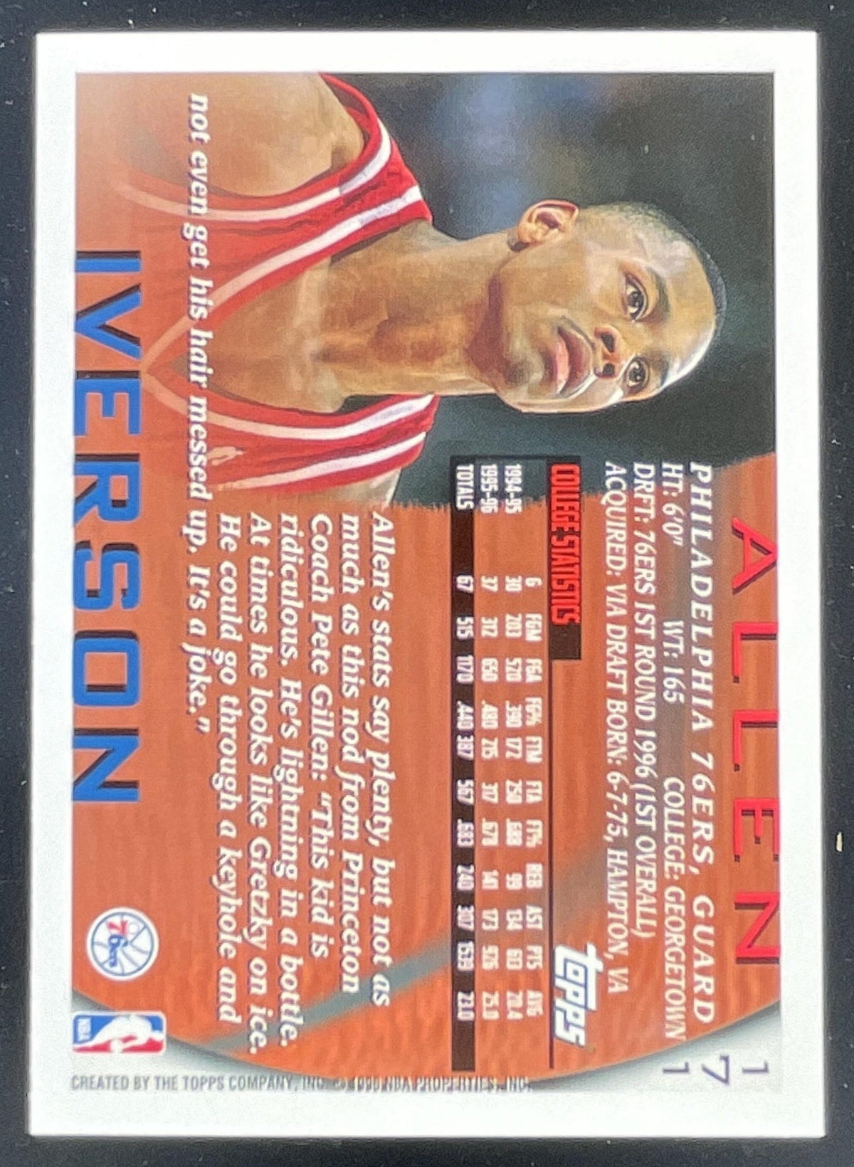 1996-97 Topps #171 Allen Iverson RC product image 2, provided for visual reference and product detail review