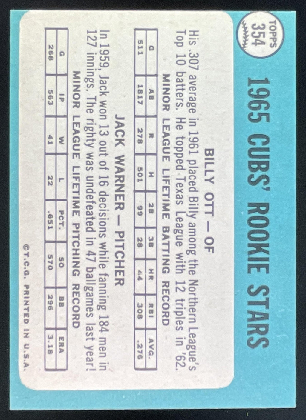 1965 Topps #354 Cubs 1965 Rookie Stars Billy Ott Jack Warner RS, RC product image 2, provided for visual reference and
