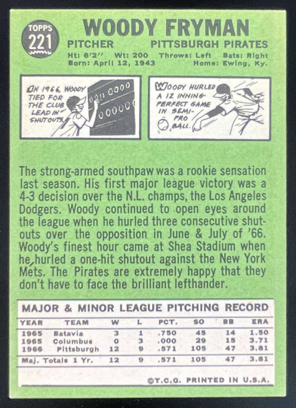 1967 Topps #221 Woody Fryman product image 2, provided for visual reference and product detail review