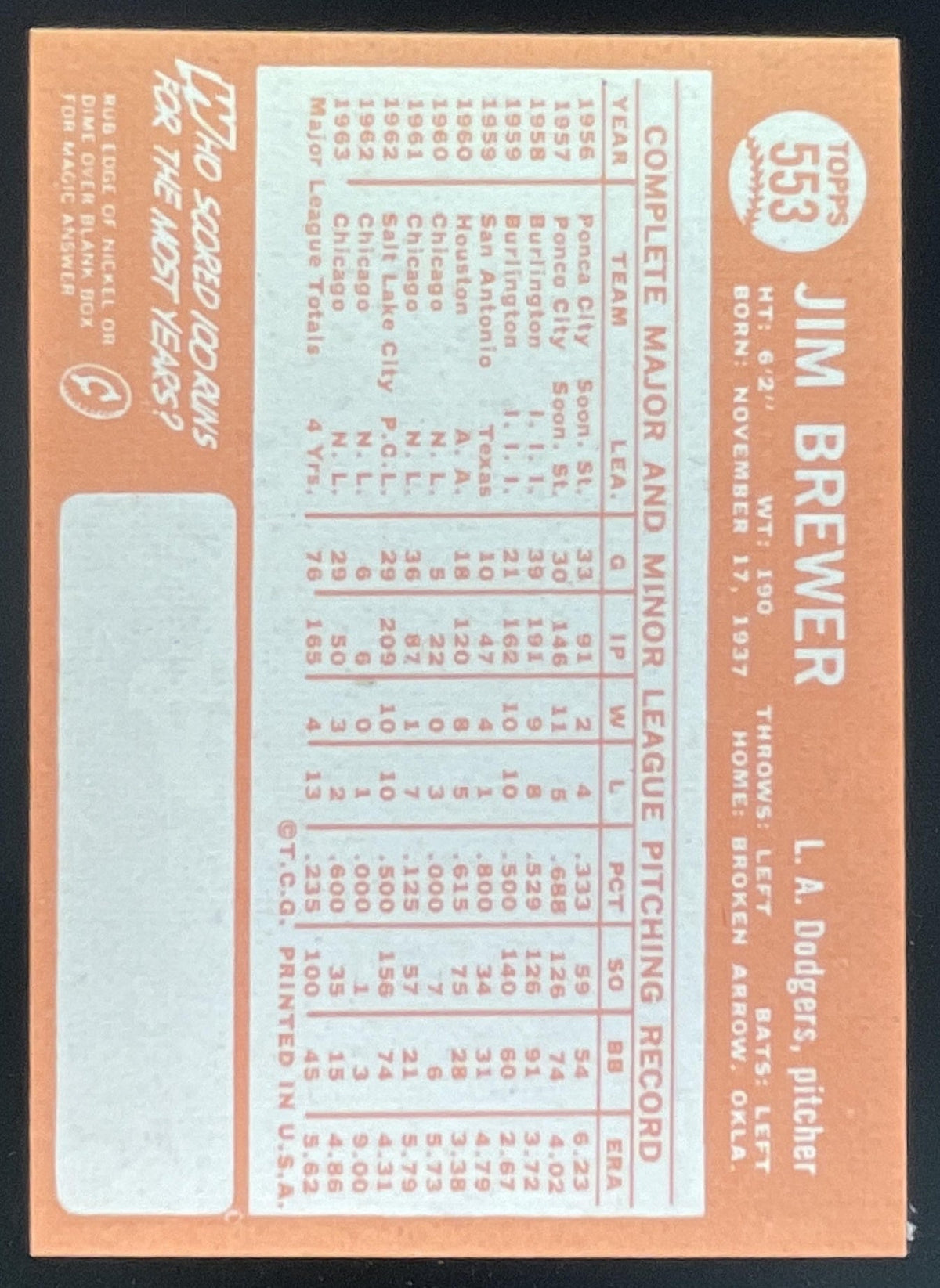 1964 Topps #553 Jim Brewer product image 2, provided for visual reference and product detail review