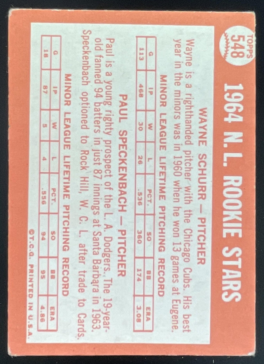 1964 Topps #548 N. League 1964 Rookie Stars Wayne Schurr Paul Speckenbach RC product image 2, provided for visual reference