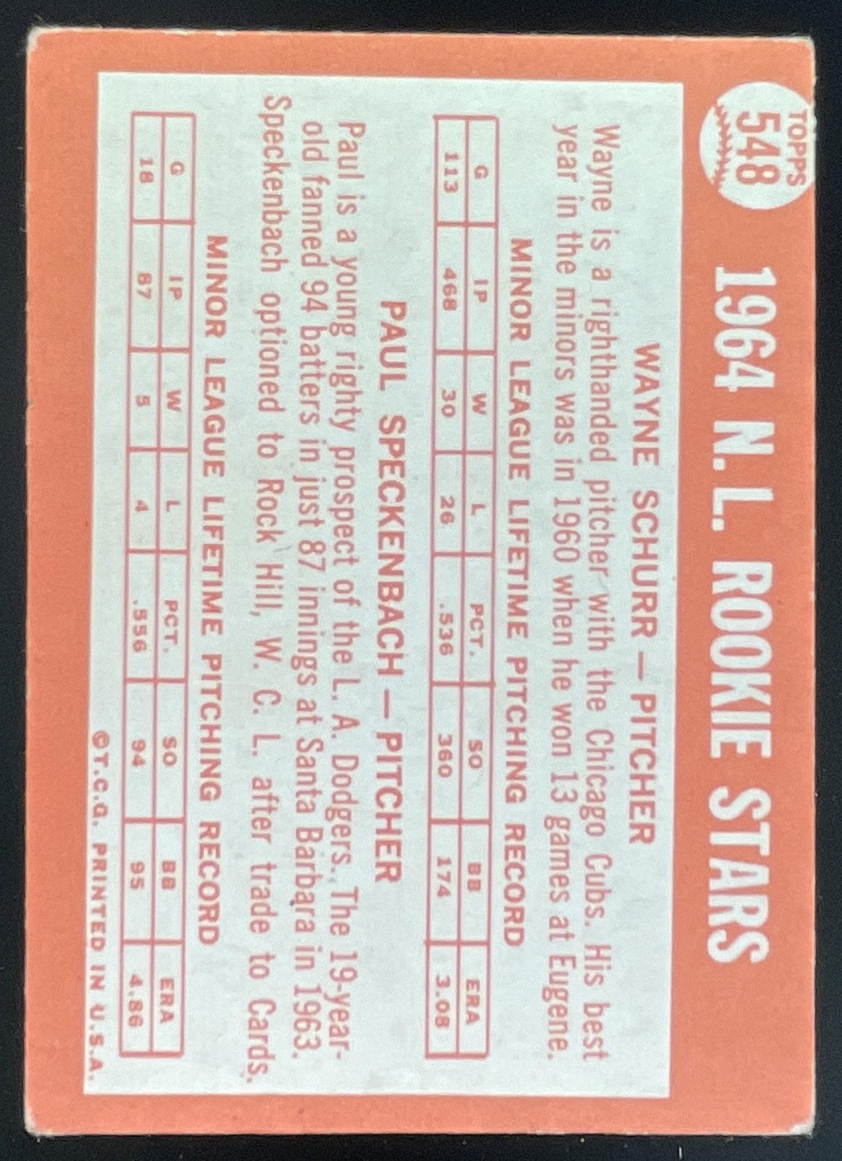 1964 Topps #548 N. League 1964 Rookie Stars Wayne Schurr Paul Speckenbach RC product image 2, provided for visual reference