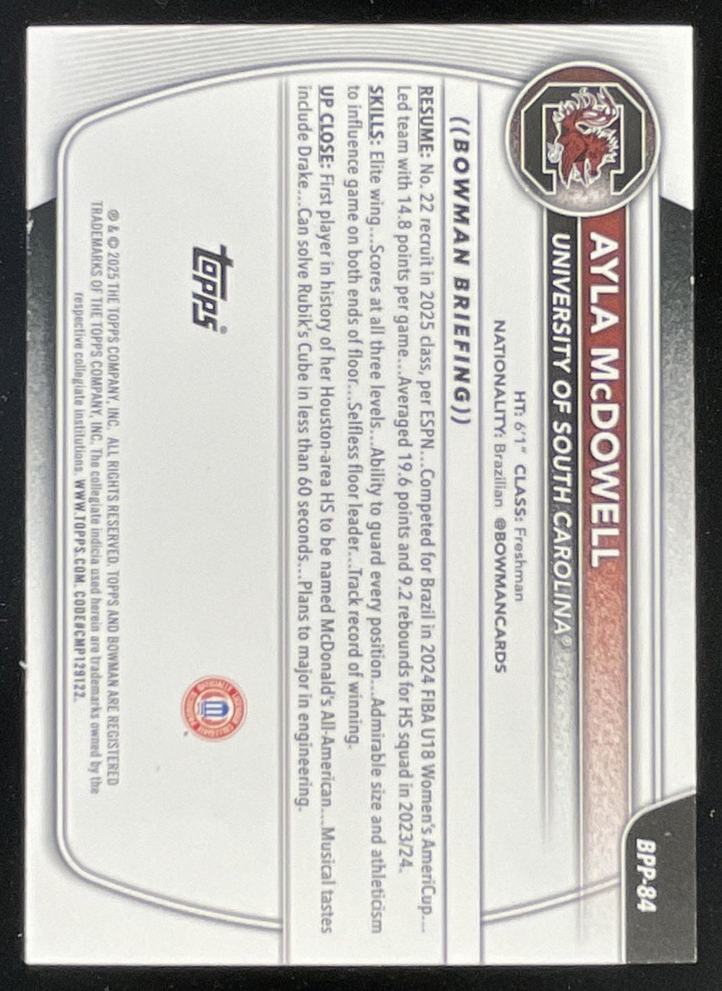 2025-26 Bowman Prospects Black Border #BPP-84 Ayla McDowell RC /10 product image 2, provided for visual reference and
