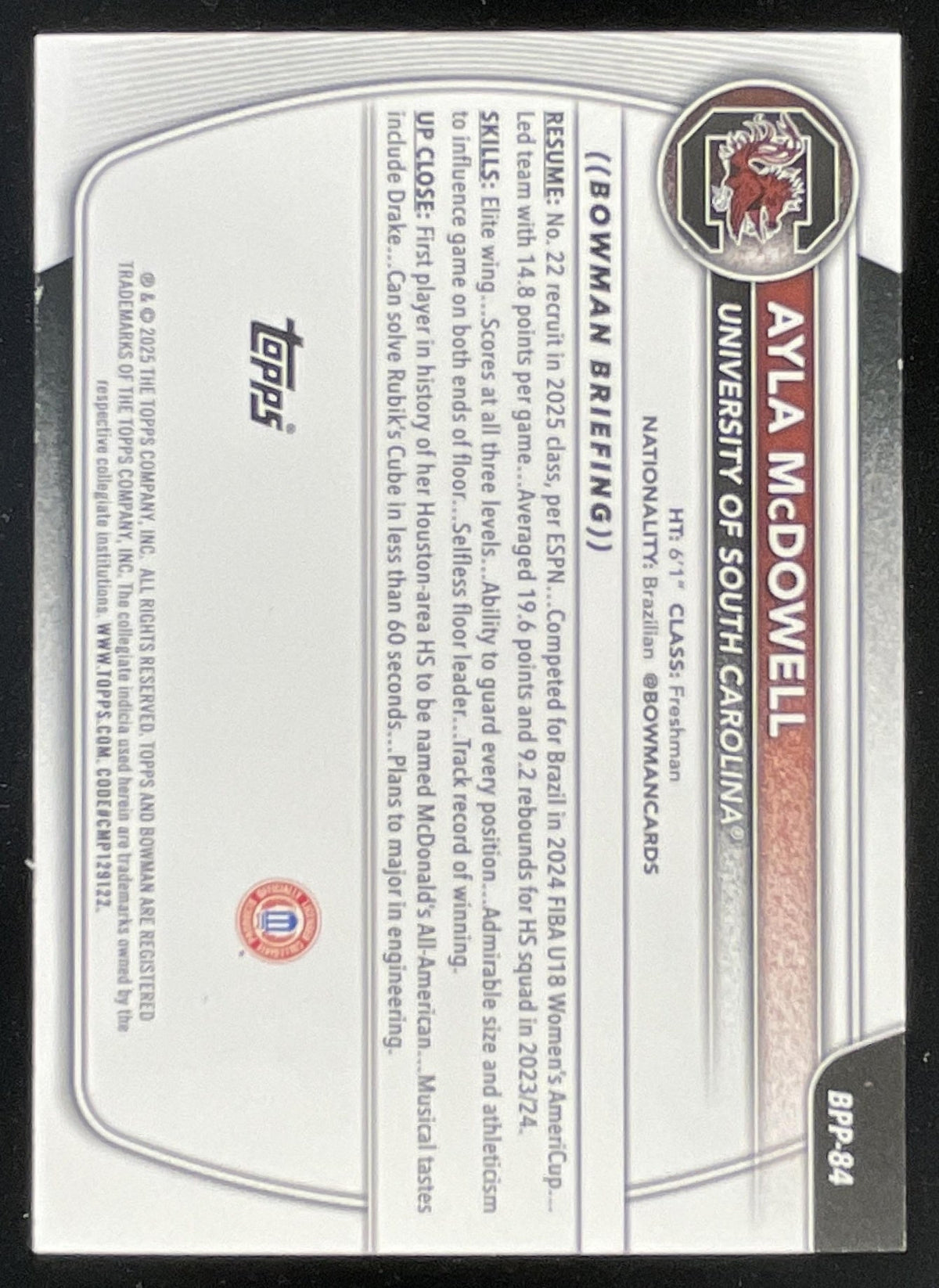 2025-26 Bowman Prospects Black Border #BPP-84 Ayla McDowell RC /10 product image 2, provided for visual reference and