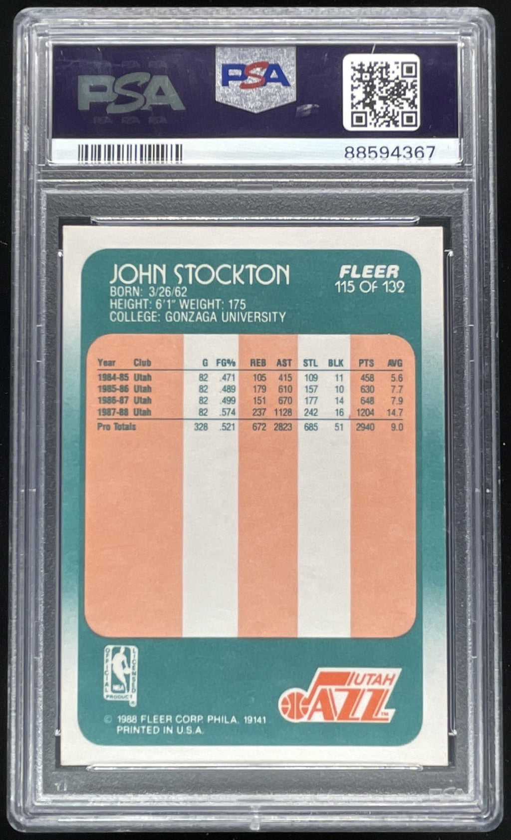 1988-89 Fleer #115 John Stockton RC Certified Authentic Auto PSA 10 product image 2, provided for visual reference and