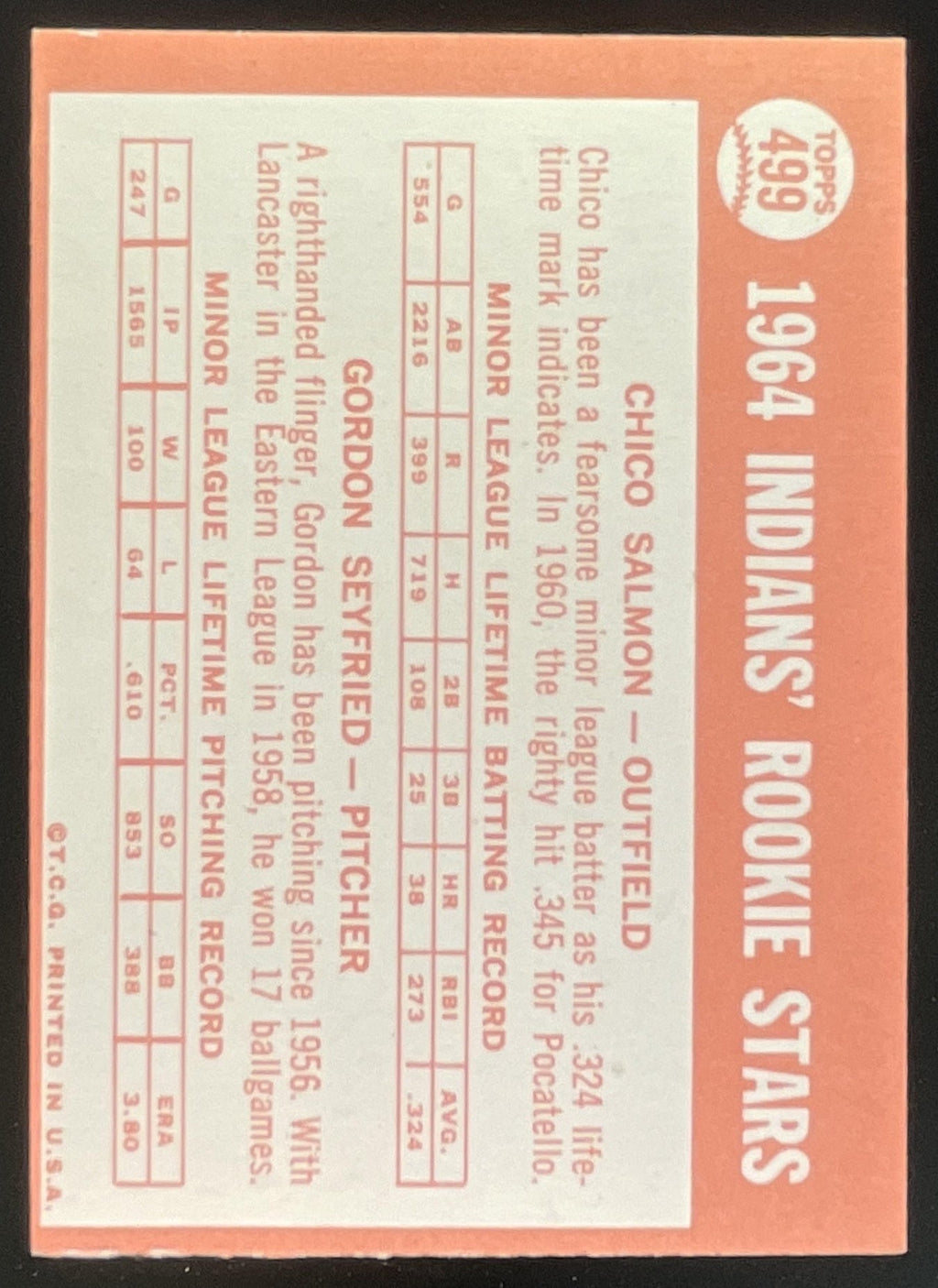 1964 Topps #499 Indians 1964 Rookie Stars Chico Salmon Gordon Seyfried RC product image 2, provided for visual reference and