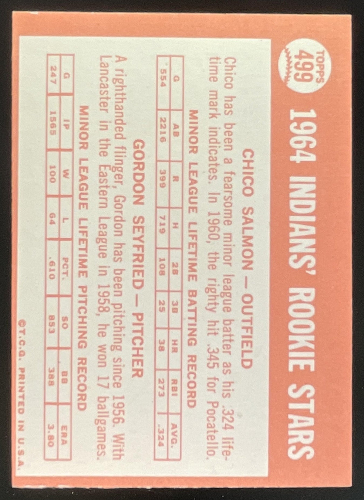 1964 Topps #499 Indians 1964 Rookie Stars Chico Salmon Gordon Seyfried RC product image 2, provided for visual reference and
